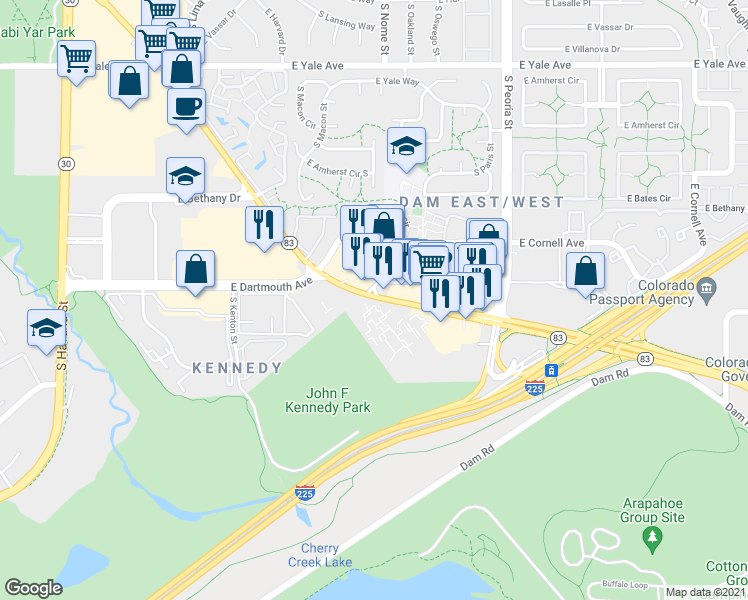 map of restaurants, bars, coffee shops, grocery stores, and more near 3227 South Parker Road in Denver