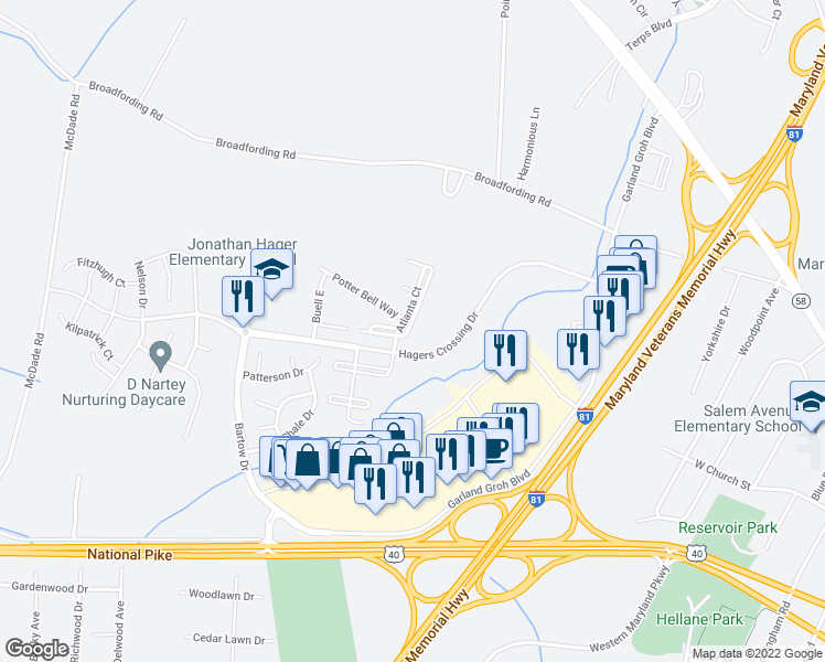 map of restaurants, bars, coffee shops, grocery stores, and more near 12521 Atlanta Court in Hagerstown