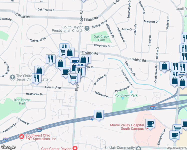 map of restaurants, bars, coffee shops, grocery stores, and more near 5635 Coach Drive East in Dayton