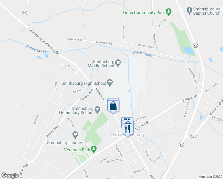 map of restaurants, bars, coffee shops, grocery stores, and more near 66 North Main Street in Smithsburg