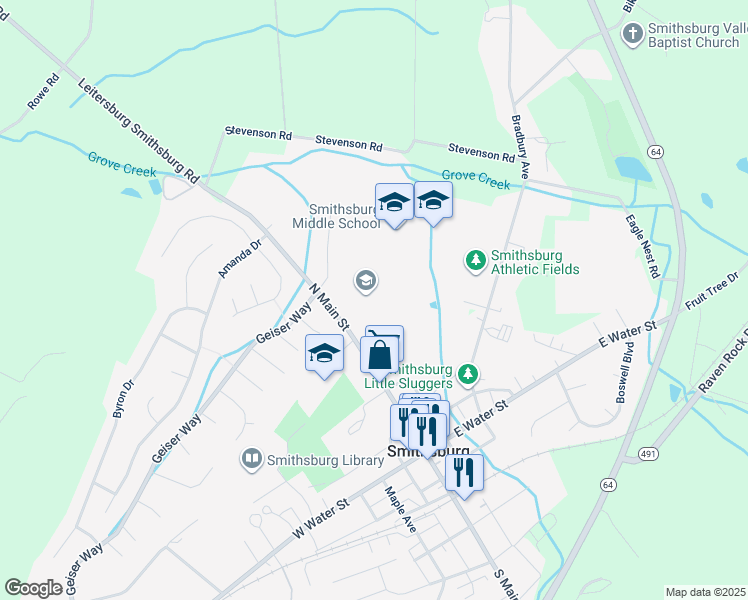 map of restaurants, bars, coffee shops, grocery stores, and more near 66 North Main Street in Smithsburg