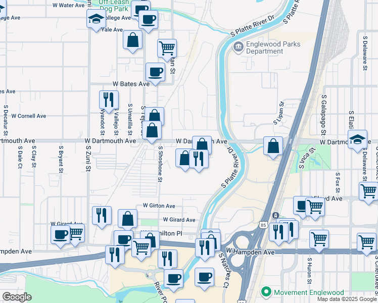 map of restaurants, bars, coffee shops, grocery stores, and more near 1600 West Dartmouth Avenue in Englewood