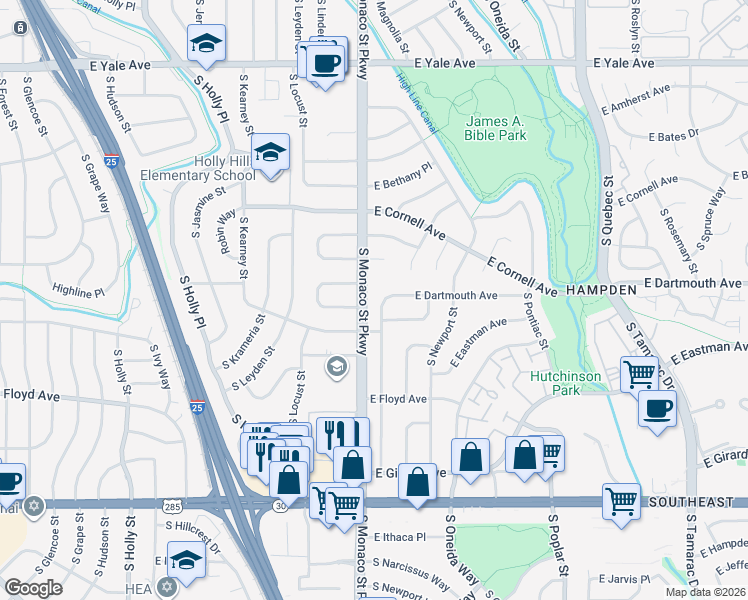 map of restaurants, bars, coffee shops, grocery stores, and more near 3108 South Monaco Circle in Denver