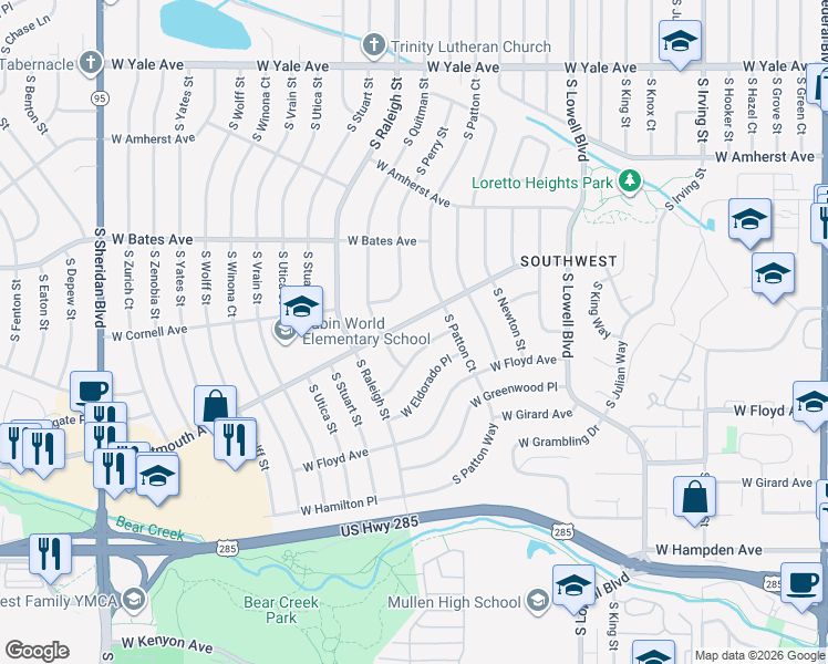 map of restaurants, bars, coffee shops, grocery stores, and more near 3990 West Dartmouth Avenue in Denver