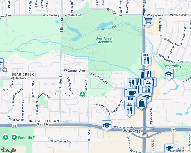 map of restaurants, bars, coffee shops, grocery stores, and more near 8364 West Eastman Place in Denver