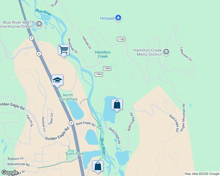 map of restaurants, bars, coffee shops, grocery stores, and more near 28 Damselfly Loop in Silverthorne