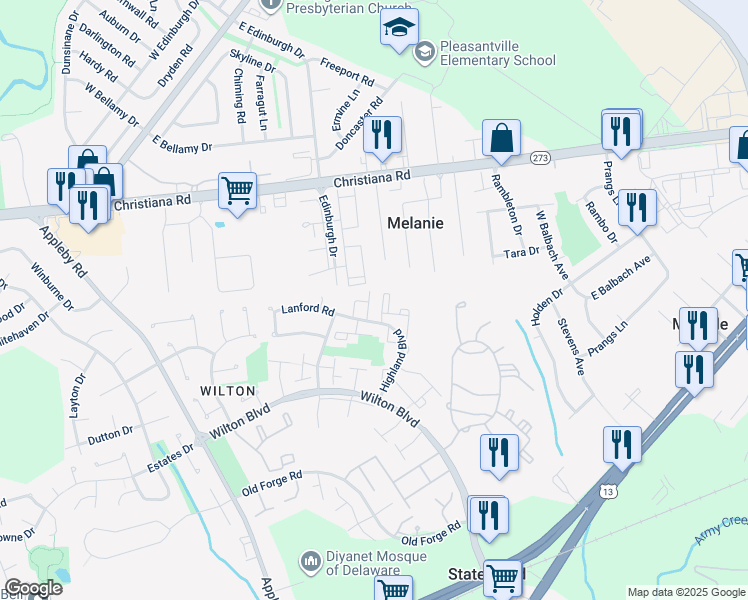 map of restaurants, bars, coffee shops, grocery stores, and more near 203 Highland Boulevard in New Castle