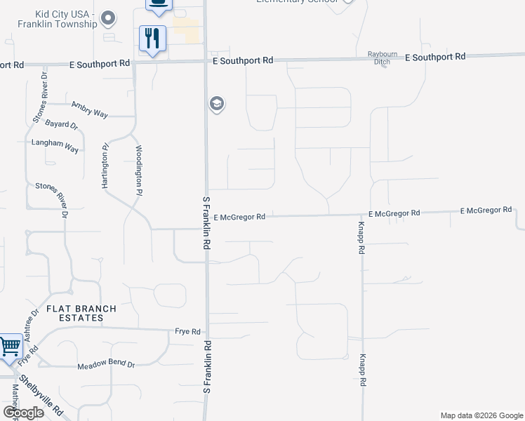 map of restaurants, bars, coffee shops, grocery stores, and more near 7381 South Franklin Road in Indianapolis