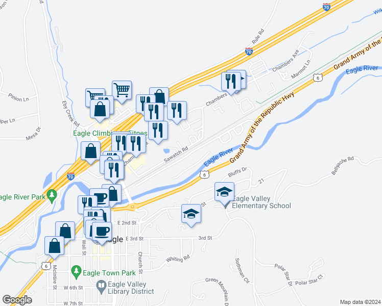 map of restaurants, bars, coffee shops, grocery stores, and more near 164 Nogal Road in Eagle