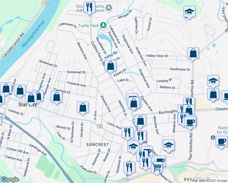 map of restaurants, bars, coffee shops, grocery stores, and more near 484 Rebecca Street in Morgantown