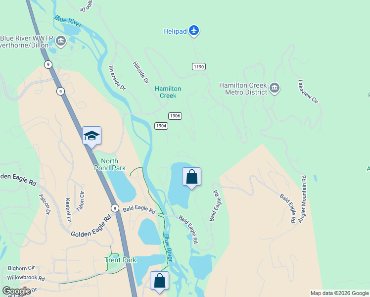map of restaurants, bars, coffee shops, grocery stores, and more near 28 Damselfly Loop in Silverthorne