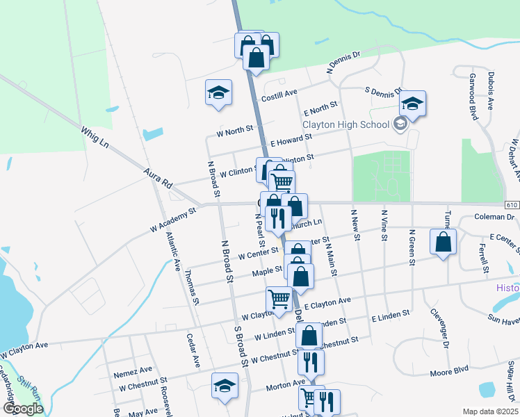 map of restaurants, bars, coffee shops, grocery stores, and more near 22 West Academy Street in Clayton