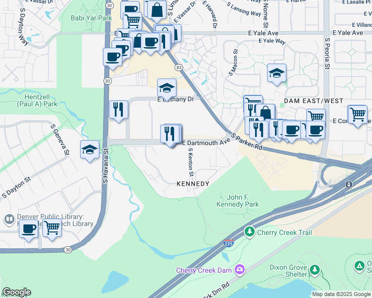 map of restaurants, bars, coffee shops, grocery stores, and more near in Denver