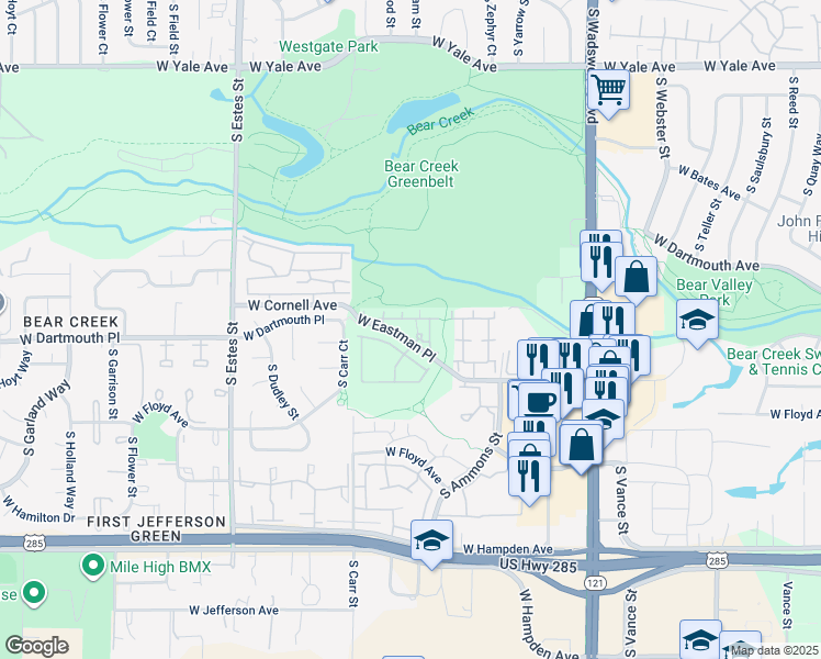map of restaurants, bars, coffee shops, grocery stores, and more near 8153 West Eastman Place in Lakewood