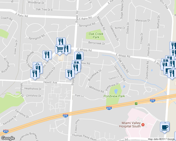 map of restaurants, bars, coffee shops, grocery stores, and more near 5660 Coach Drive West in Dayton
