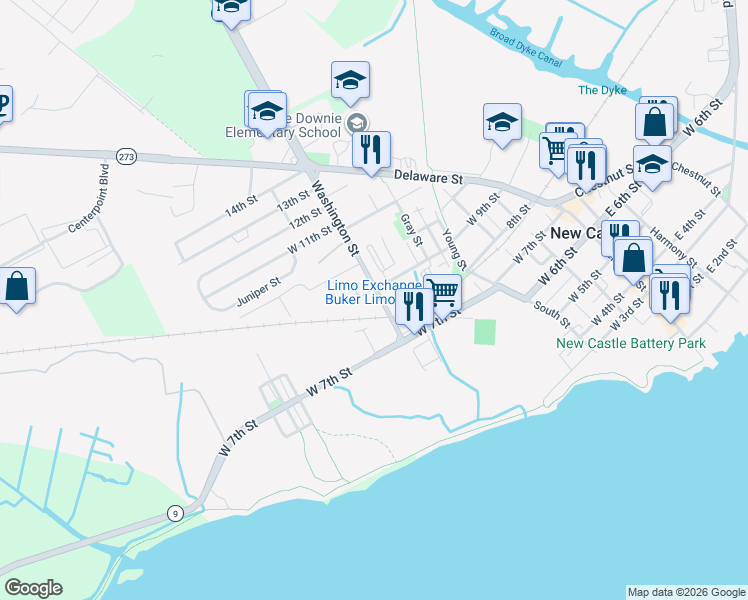 map of restaurants, bars, coffee shops, grocery stores, and more near 820 Washington Street in New Castle
