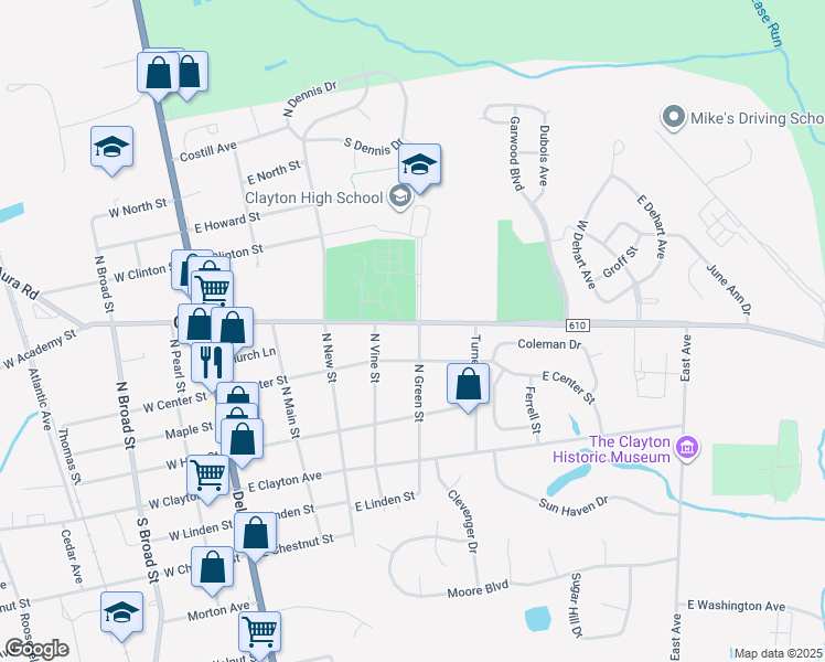 map of restaurants, bars, coffee shops, grocery stores, and more near 322 N Green St in Clayton