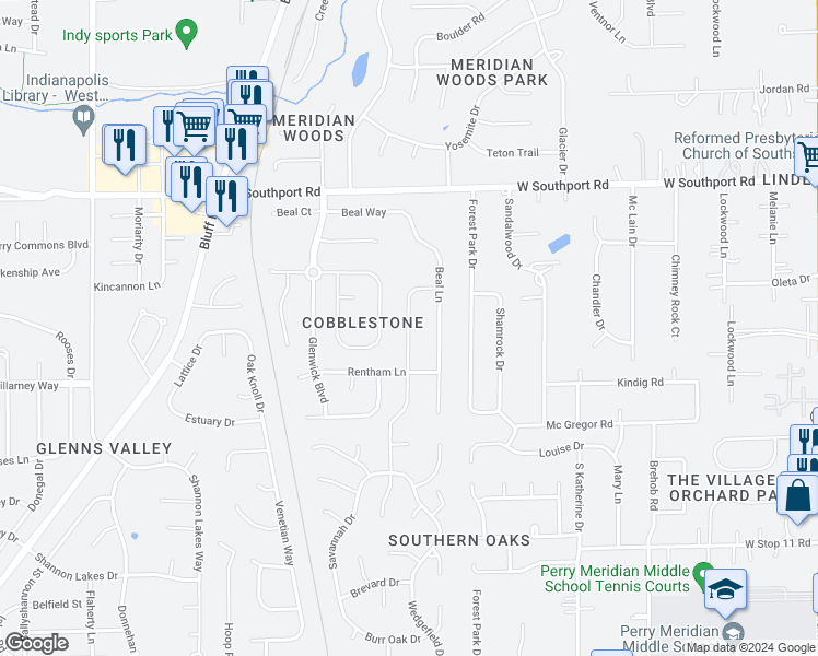 map of restaurants, bars, coffee shops, grocery stores, and more near 7303 Moultrie Drive in Indianapolis