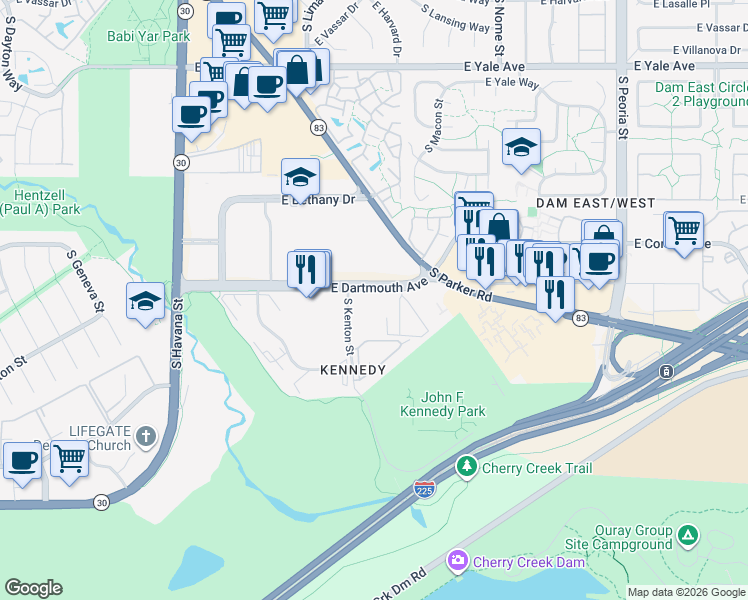 map of restaurants, bars, coffee shops, grocery stores, and more near 11148 East Dartmouth Avenue in Aurora