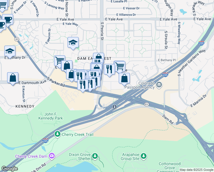 map of restaurants, bars, coffee shops, grocery stores, and more near 3120 S Peoria St in Aurora
