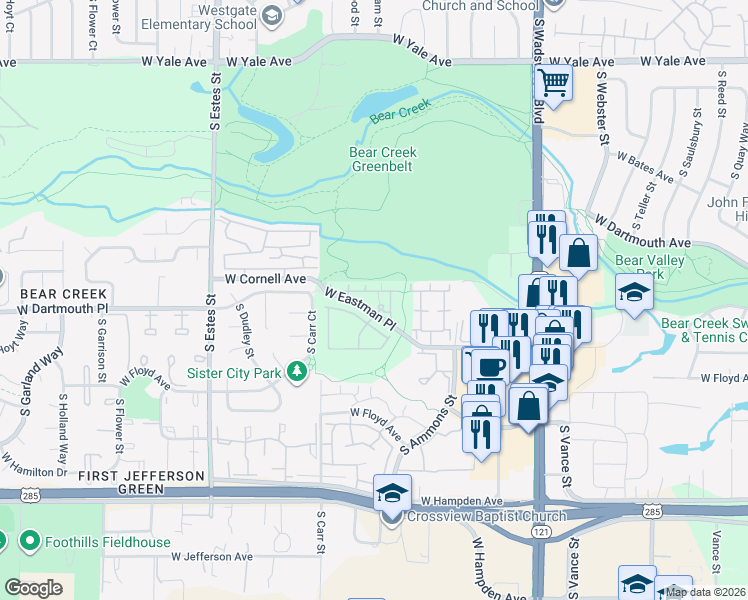 map of restaurants, bars, coffee shops, grocery stores, and more near 8153 West Eastman Place in Lakewood