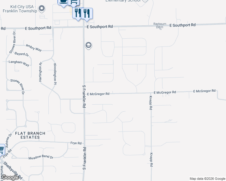 map of restaurants, bars, coffee shops, grocery stores, and more near 7381 South Franklin Road in Indianapolis
