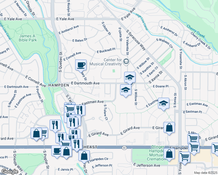 map of restaurants, bars, coffee shops, grocery stores, and more near 8080 East Dartmouth Avenue in Denver