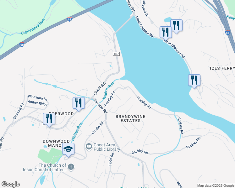 map of restaurants, bars, coffee shops, grocery stores, and more near 60 Rockley Road in Morgantown