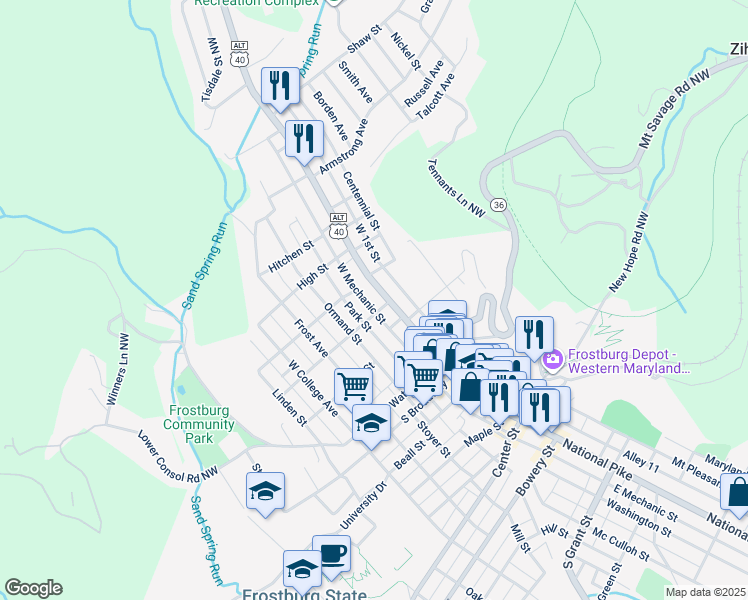 map of restaurants, bars, coffee shops, grocery stores, and more near 86 West Main Street in Frostburg