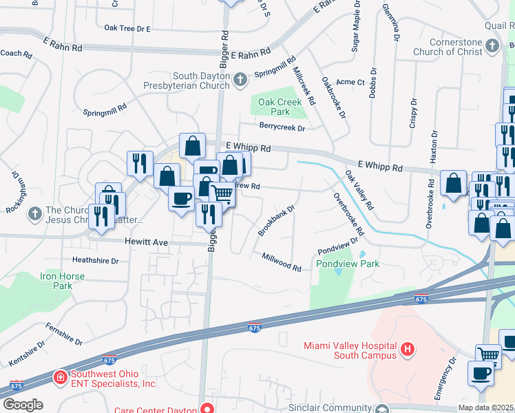 map of restaurants, bars, coffee shops, grocery stores, and more near 5660 Coach Drive East in Dayton