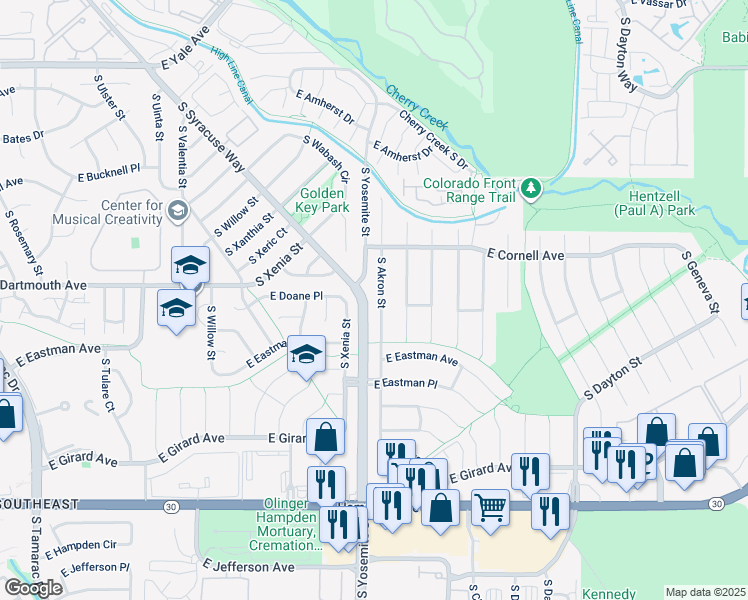 map of restaurants, bars, coffee shops, grocery stores, and more near 3125 South Akron Street in Denver