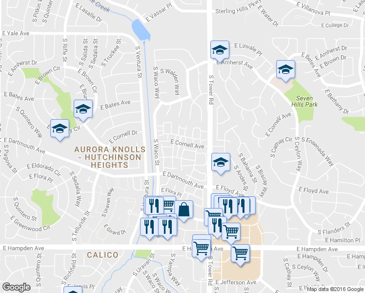 map of restaurants, bars, coffee shops, grocery stores, and more near 3003 South Yampa Way in Aurora