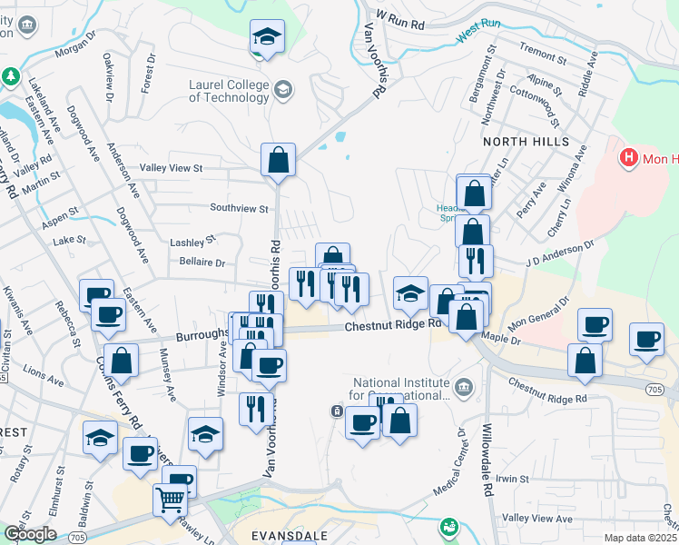 map of restaurants, bars, coffee shops, grocery stores, and more near 763 Chestnut Ridge Road in Morgantown
