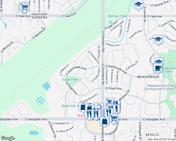 map of restaurants, bars, coffee shops, grocery stores, and more near 3104 South Fairplay Street in Aurora
