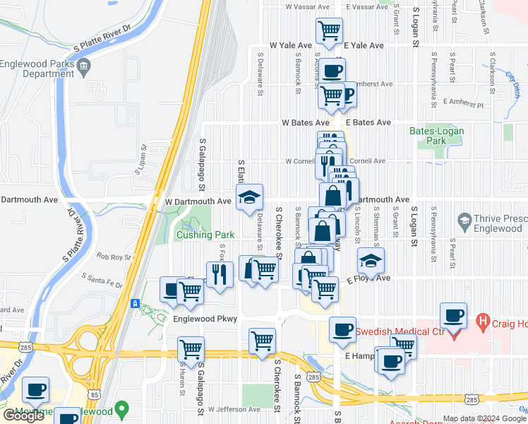 map of restaurants, bars, coffee shops, grocery stores, and more near 3124 South Delaware Street in Englewood