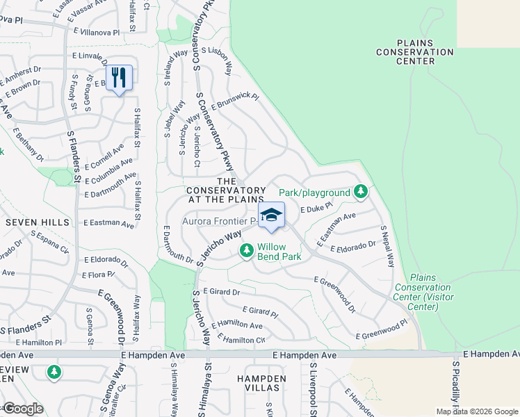 map of restaurants, bars, coffee shops, grocery stores, and more near 20661 East Duke Place in Aurora