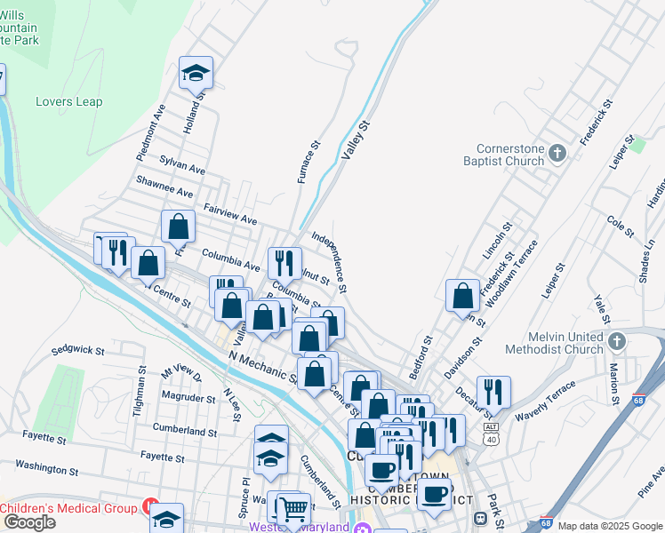 map of restaurants, bars, coffee shops, grocery stores, and more near 406 Chestnut Street in Cumberland