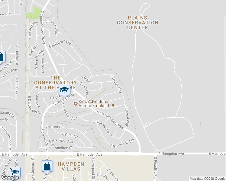 map of restaurants, bars, coffee shops, grocery stores, and more near 21195 East Eastman Avenue in Aurora