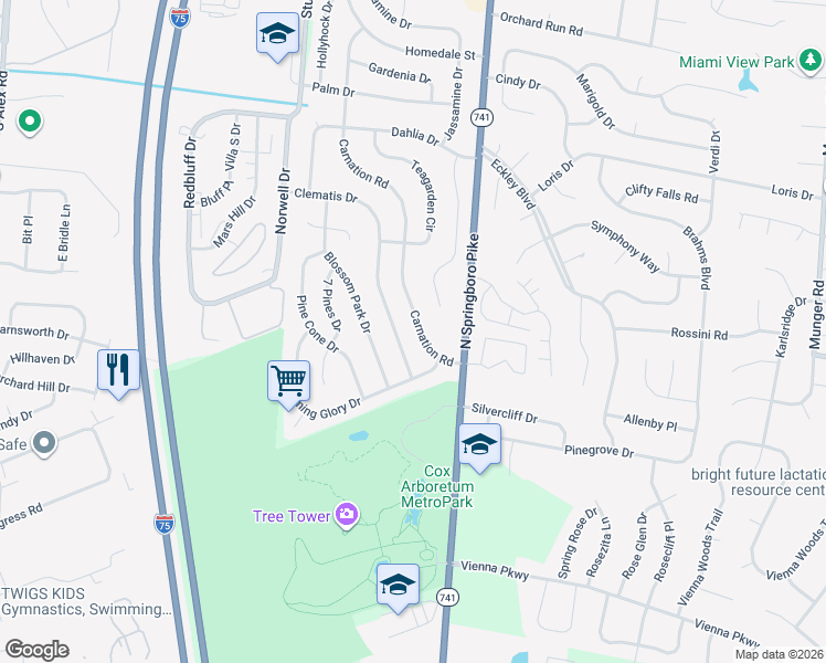 map of restaurants, bars, coffee shops, grocery stores, and more near 6319 Carnation Road in Dayton