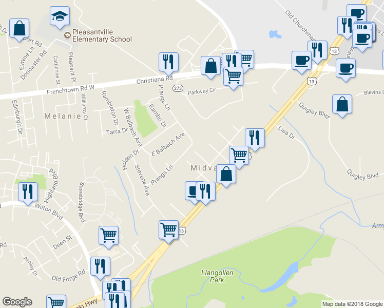 map of restaurants, bars, coffee shops, grocery stores, and more near 114 3rd Avenue in New Castle