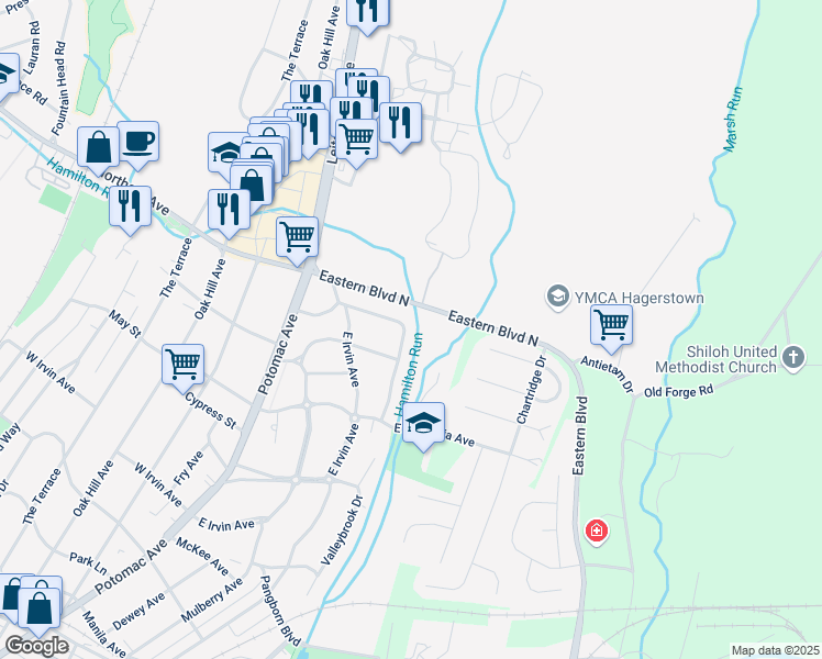 map of restaurants, bars, coffee shops, grocery stores, and more near 246 Potomac Heights in Hagerstown