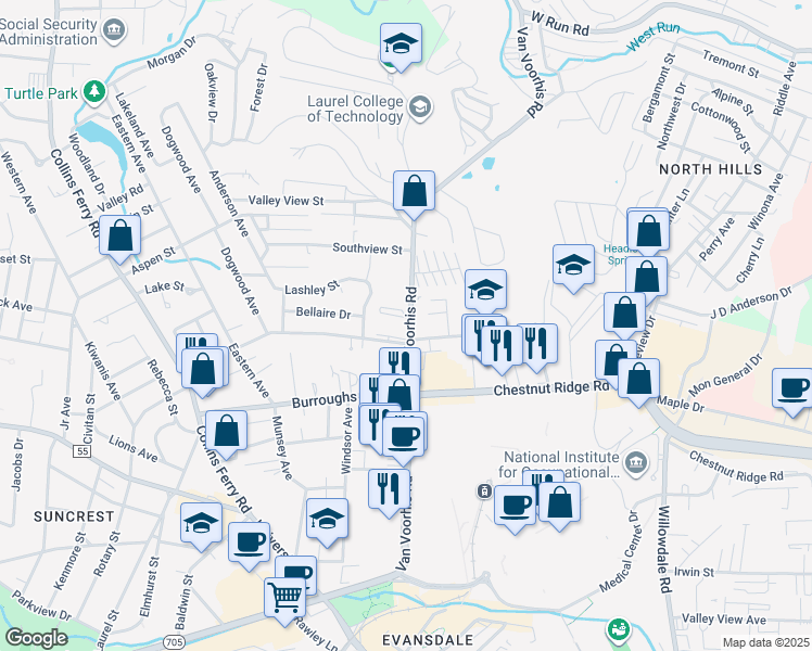 map of restaurants, bars, coffee shops, grocery stores, and more near 1231 Van Voorhis Road in Morgantown
