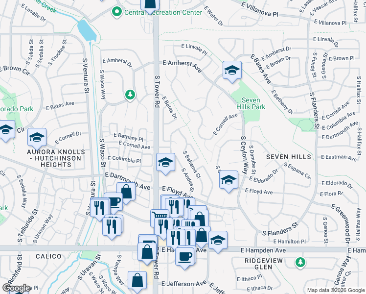 map of restaurants, bars, coffee shops, grocery stores, and more near 18642 East Columbia Place in Aurora