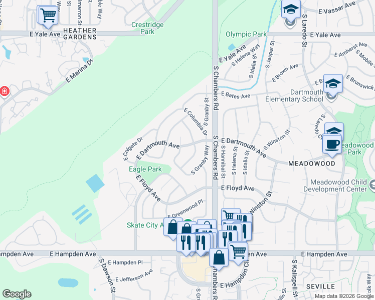 map of restaurants, bars, coffee shops, grocery stores, and more near 3104 South Fairplay Street in Aurora