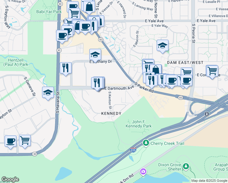 map of restaurants, bars, coffee shops, grocery stores, and more near in Denver