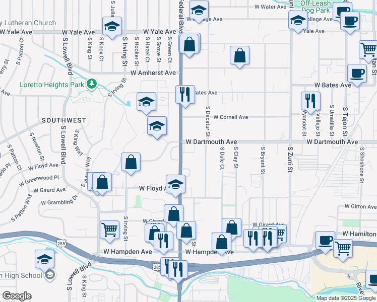 map of restaurants, bars, coffee shops, grocery stores, and more near 2890 West Dartmouth Avenue in Denver