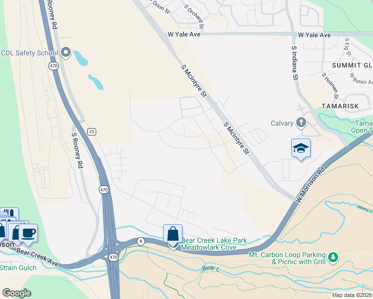 map of restaurants, bars, coffee shops, grocery stores, and more near 15479-15499 West Cornell Avenue in Morrison