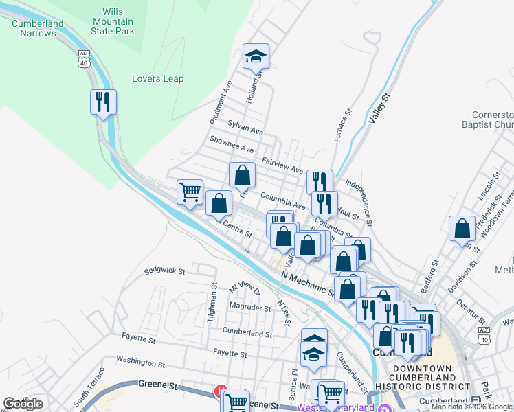 map of restaurants, bars, coffee shops, grocery stores, and more near 618 Columbia Avenue in Cumberland