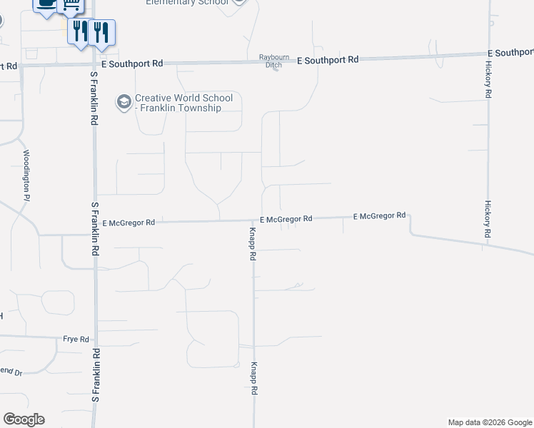 map of restaurants, bars, coffee shops, grocery stores, and more near 9000-9142 East McGregor Road in Indianapolis