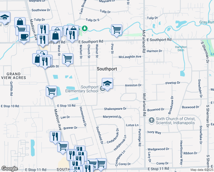 map of restaurants, bars, coffee shops, grocery stores, and more near 261 Anniston Drive in Indianapolis